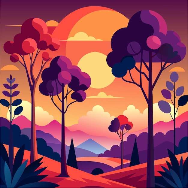 Vector Árboles contra el cielo durante la ilustración vectorial del atardecer