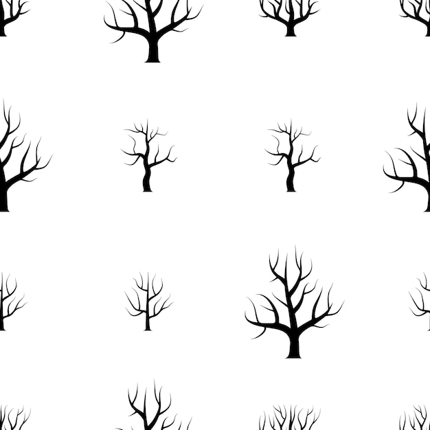 Árboles curvos en blanco y negro sin costuras sin fondos de hojas. textura transparente del bosque vectorial.