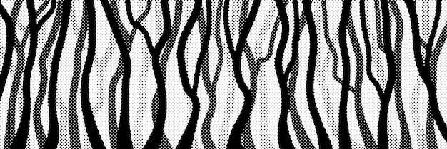 Árboles estilizados, efecto de punto que se desvanece, banner vectorial en blanco y negro