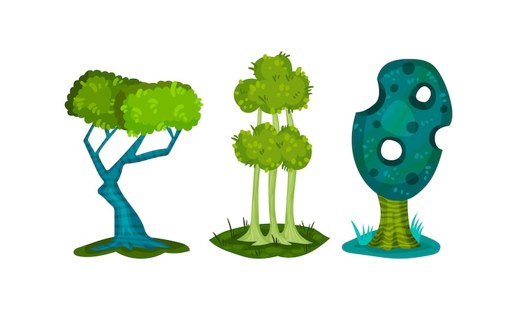 Vector árboles fantásticos con corona exuberante y conjunto de vectores de tronco