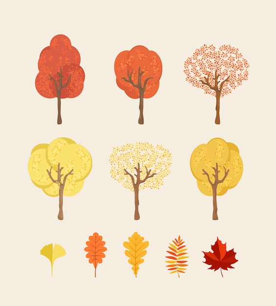 Vector Árboles y hojas de otoño amarillo árbol de jardín colorido arbusto de jardín otoñal y hojas de árbol de temporada de otoño ramas de oro y verde del bosque árboles de parque de otoño amarillo y naranja