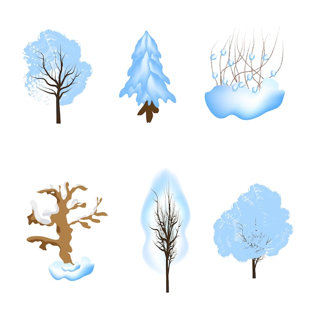 Vector Árboles de invierno de dibujos animados vector bosques de invierno y plantas de jardín con nieve en las ramas