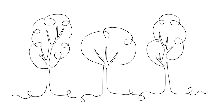 Vector los árboles de línea continua establecen la estética conceptual y la elegancia, la creatividad minimalista y el boceto artístico.