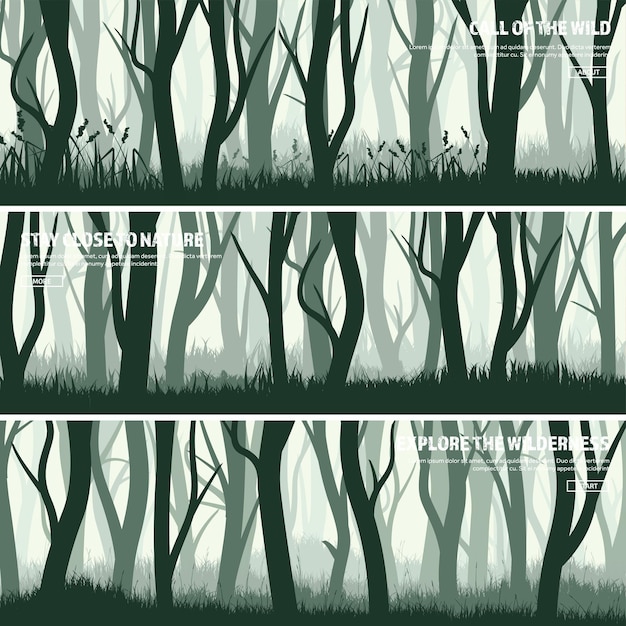 Árboles montados bosque de pinos salvajes naturaleza fondo banner ilustración vectorial árbol verde oscuro madera hierba