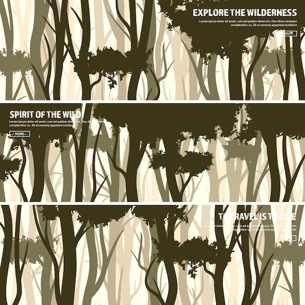 Árboles montados bosque de pinos salvajes naturaleza fondo banner ilustración vectorial árbol verde oscuro madera hierba