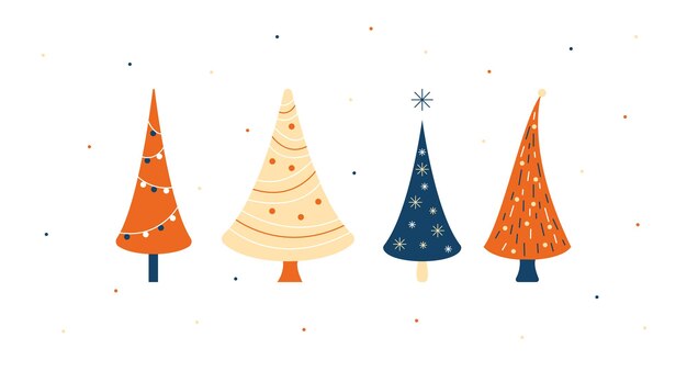 Árboles de Navidad conjunto vector simple ilustración plana lindo minimalismo naranja azul amarillo