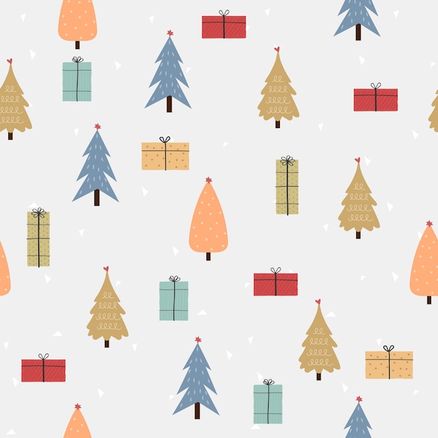 Árboles de Navidad dibujados a mano y cajas de regalos
