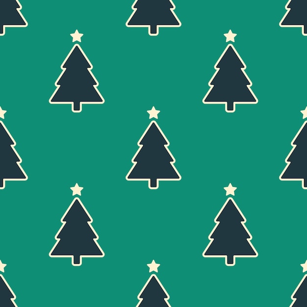 Árboles de Navidad con estrellas de contorno blanco en fondo verde patrón sin costuras vectorial decoración de temporada