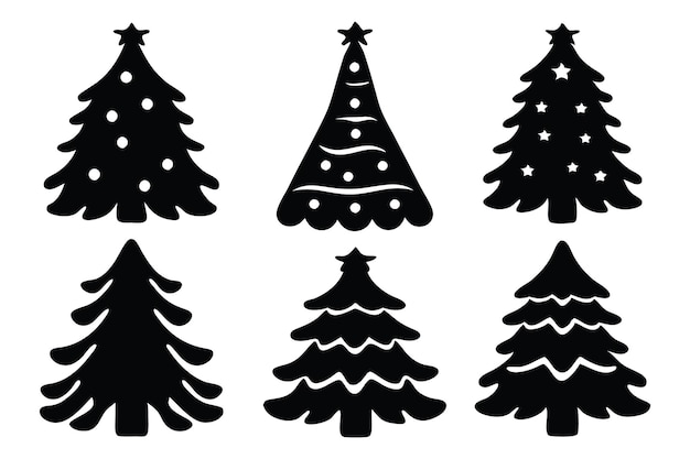 Árboles de Navidad felices dispuestos para el diseño de invierno dispuestos siluetas aisladas ilustración vectorial plana sobre fondo blanco