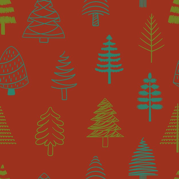 Árboles de Navidad de garabatos caprichosos, adornos de azulejos de patrones sin fisuras repetidos festivos y magia navideña se entrelazan capturando la alegría de la temporada en cada delicioso detalle de fondo de vectores de dibujos animados
