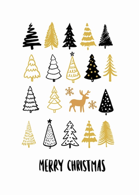 Arboles de navidad. Mano dibujo tarjeta de abeto de invierno. Símbolo de año nuevo