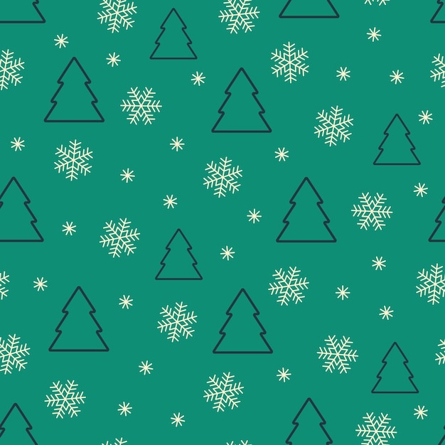 Árboles de Navidad negros con íconos de línea y copos de nieve blancos en fondo verde patrón sin costuras vectorial