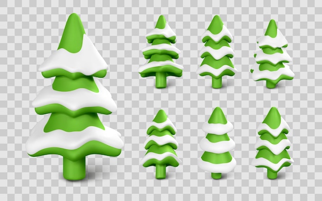 Árboles de Navidad nevados en estilo de dibujos animados en 3D en fondo transparente Ideales para el diseño de vacaciones de invierno