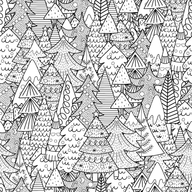 Árboles de navidad de patrones sin fisuras en blanco y negro. página para colorear de invierno.