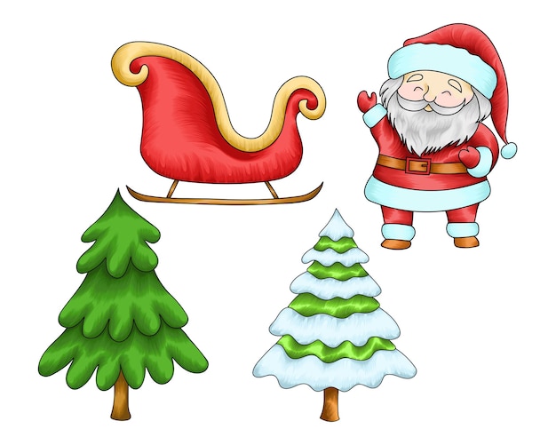 Vector Árboles de navidad de santa dibujados a mano y artículos decorativos de ilustración de vector de trineo para navidad