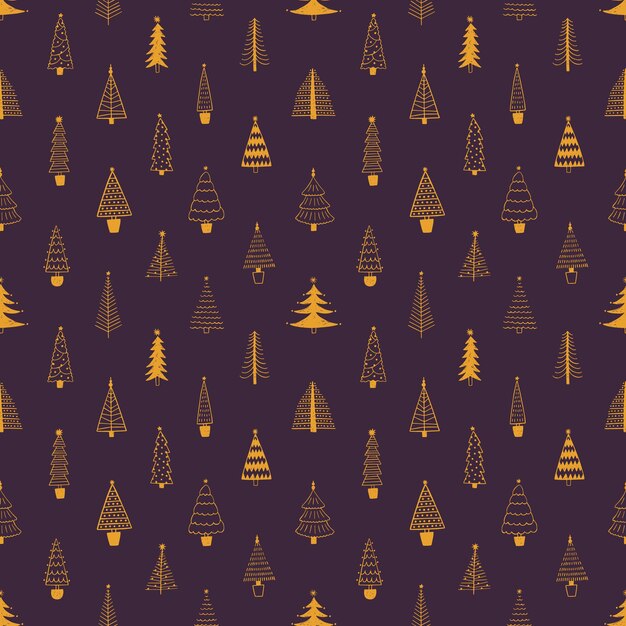 Árboles de Navidad vector de patrones sin fisuras. Abetos amarillos dibujados a mano sobre fondo morado. Fondo botánico de estilo Doodle. Papel de regalo de Navidad, textil, elegante diseño de papel tapiz.