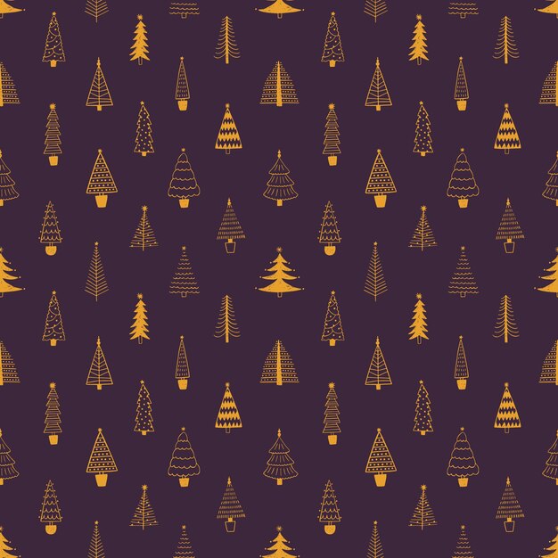 Árboles de navidad vector de patrones sin fisuras. abetos amarillos dibujados a mano sobre fondo morado. fondo botánico de estilo doodle. papel de regalo de navidad, textil, elegante diseño de papel tapiz.