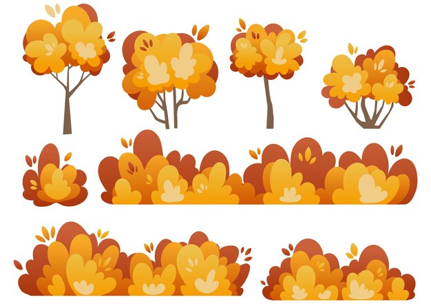 Árboles de otoño Árbol de otoño amarillo naranja de dibujos animados y vector de paisaje de hierba de jardín de otoño