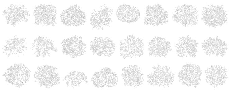 Vector árboles plan línea cad árbol plan dibujo conjunto de árboles arriba árbol arriba elementos de vista para el medio ambiente