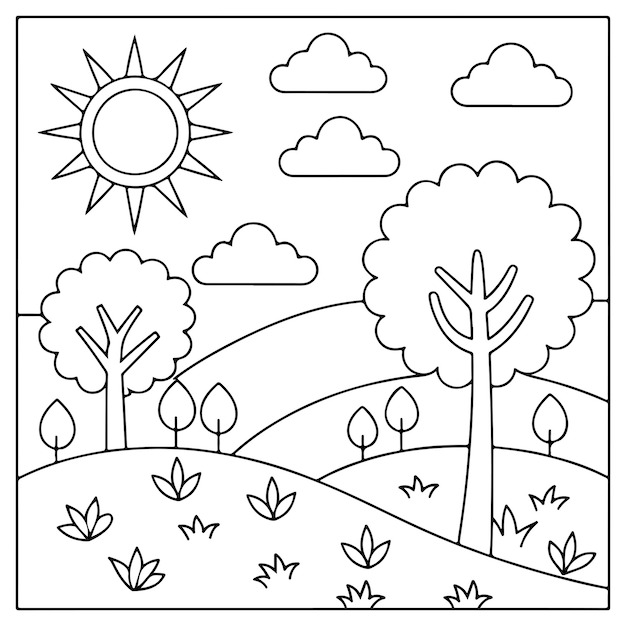 Árboles soleados y colinas Ilustración vectorial para niños