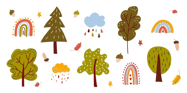 Árboles vectoriales arco iris nubes en estilo doodle Lindo conjunto de elementos para scrapbooking