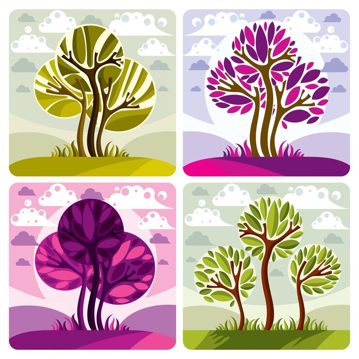 Vector árboles verdes y morados colocados sobre un fondo nublado. imagen vectorial de idea de medio ambiente y ecología. ilustración de vector de árbol en el hermoso paisaje de primavera.