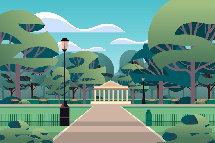 Vector árboles verdes en el parque público de la ciudad de verano ilustración vectorial horizontal