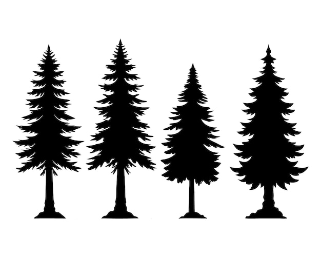 Árboles vintage y siluetas forestales en estilo monocromático Set Silueta de pinos