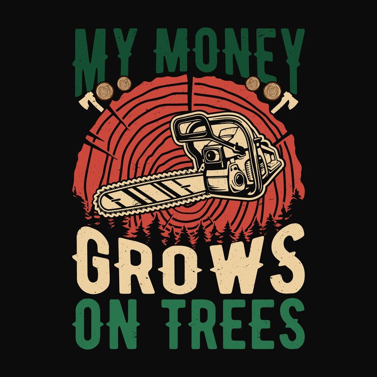 Arborista mi dinero crece en los árboles leñador diseño de camiseta vintage con motosierra vectorial