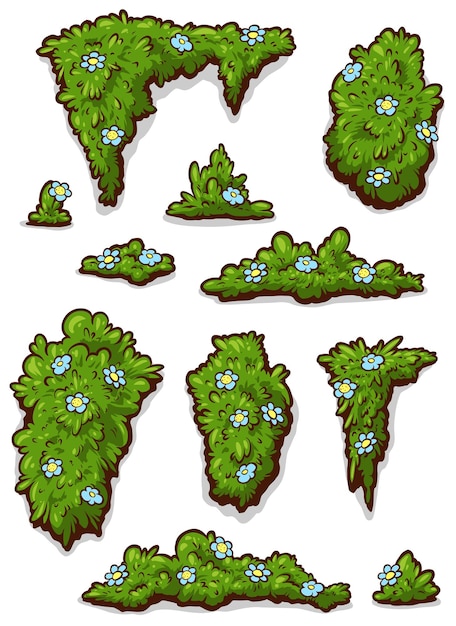 Arbusto verde de dibujos animados y hierba con flores.