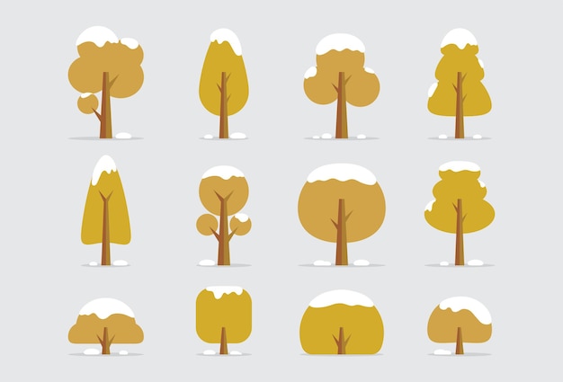 Arbustos de árboles de dibujos animados planos en conjunto de invierno Ilustración vectorial en estilo plano