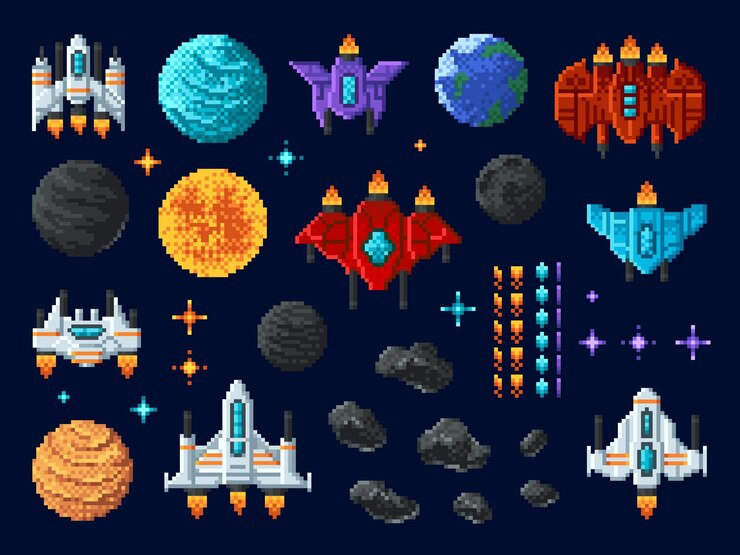 Vector arcade shooter 8 bit pixel art juego space invaders