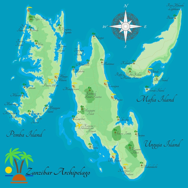 Vector archipiélago de zanzíbar ilustración realista de islas isla unguja isla pemba isla mafia región semiautónoma de tanzania mapa turístico