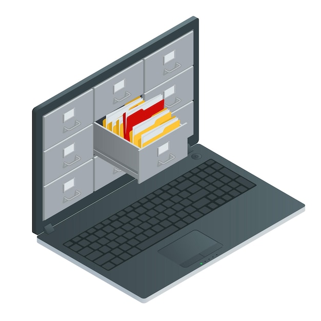 Archivadores dentro de la pantalla de la computadora portátil. Ilustración de vector isométrico 3d de almacenamiento de datos.