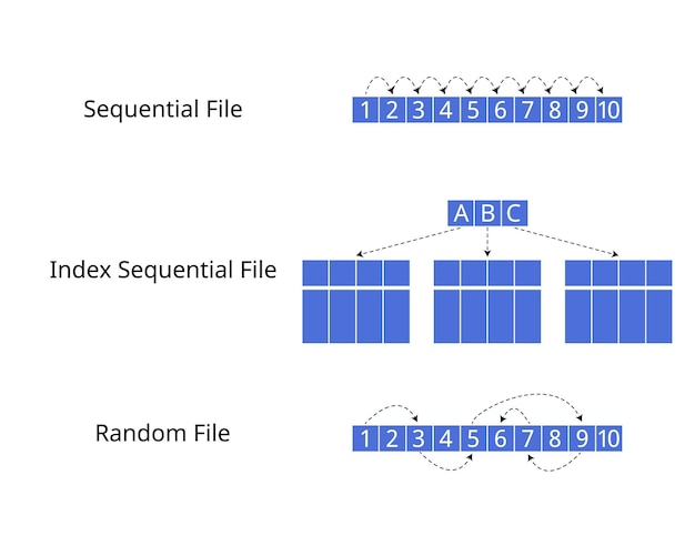 de archivo de datos para archivo de almacenamiento secuencial, archivo de índice secuencial y archivo aleatorio