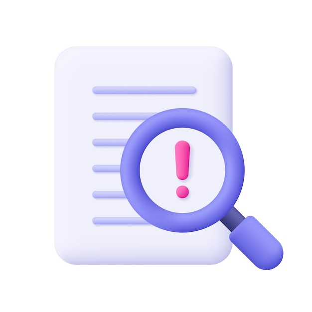 Archivo de documentos y lupa con signo de advertencia y signo de exclamación Concepto de análisis de riesgos empresariales y financieros Icono vectorial 3D Estilo minimalista de dibujos animados