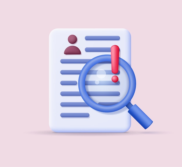 Un archivo de documentos y una lupa con un signo de exclamación de advertencia El concepto de análisis de riesgos El currículum del cliente y las finanzas Ilustración vectorial 3D