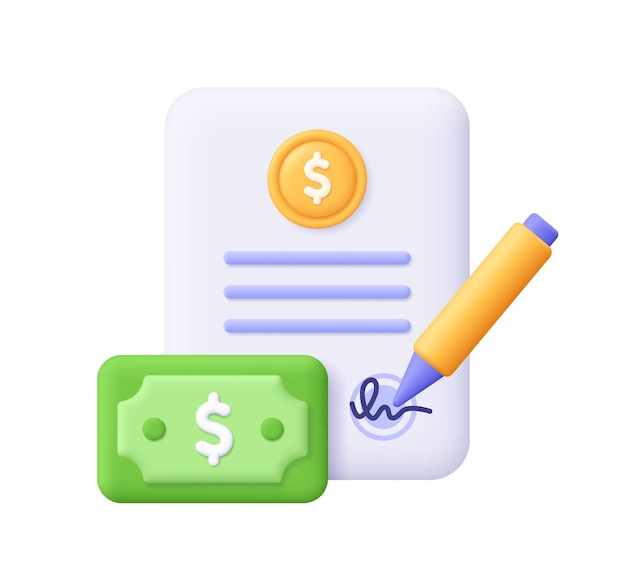 Archivo de documentos con pluma y firma de billetes de moneda Informe de negocios o contrato Icono vectorial 3D