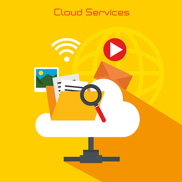 Archivo y lupe de Cloud computing y servicios tema Vector illustration