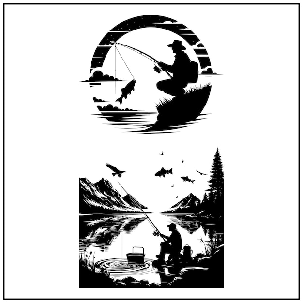 El archivo de paquete de vector de pesca en blanco y negro Archivo de silueta de pesca Archivo de hombre pescador 56