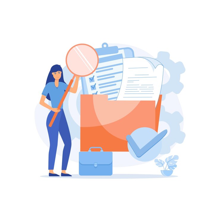 Vector archivo de usuarios y datos almacenamiento e indexación de información mujer de negocios con lupa