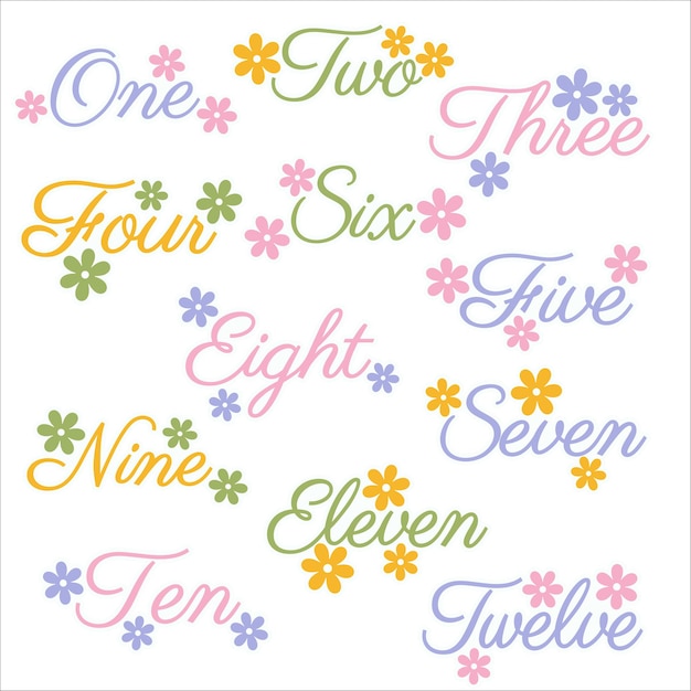 Archivo vectorial brillante y colorido con números florales de uno a doce