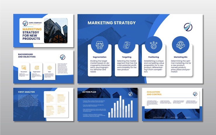 Vector archivo vectorial de presentación de marketing con color azul