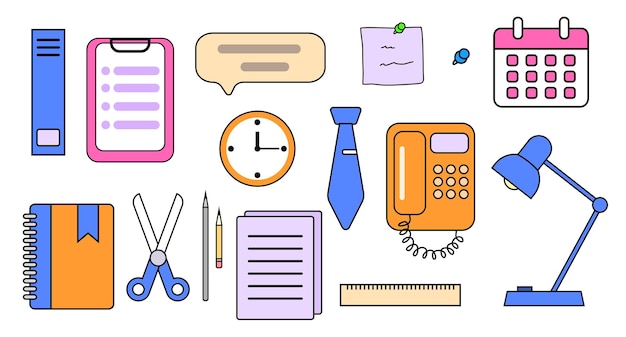 Archivos de suministros de oficina y carpetas de documentos un conjunto de diferentes artículos de oficina y artículos de oficina como corbata y reloj teléfono y calendario tijeras y lámpara de escritorio Ilustración vectorial