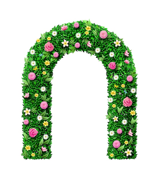 Arco de boda verde decorativo hecho de flores. Arquitectura de jardines. Entrada al parque o puerta