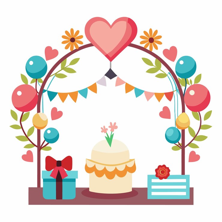Vector arco de celebración festiva con globos de corazón, pastel y regalo