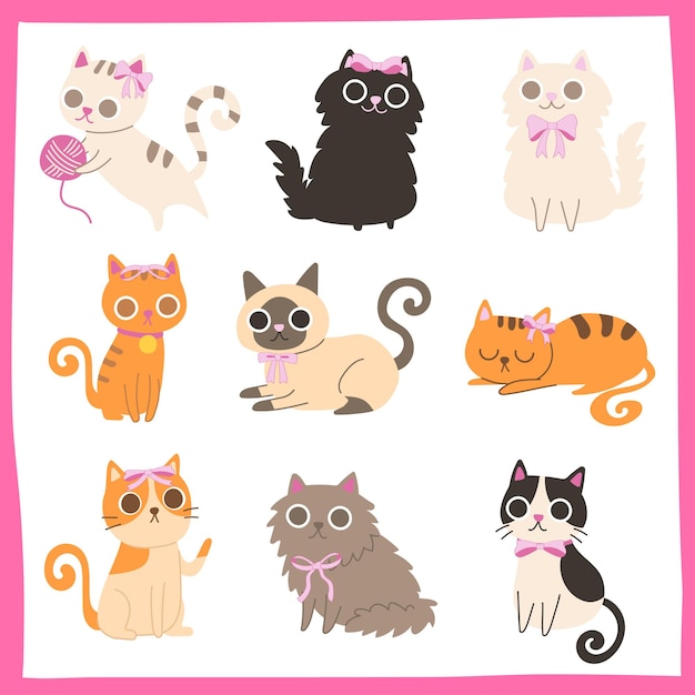Arco de Coquette dibujado a mano Gatos de dibujos animados bonitos Colección de ilustraciones de personajes