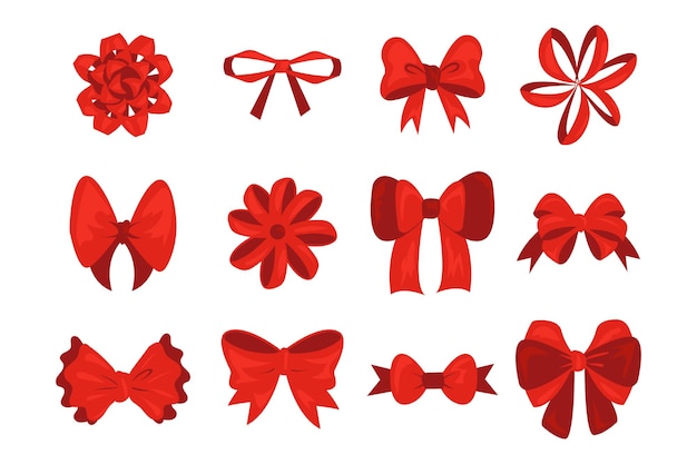 Arco de dibujos animados rojo Cintas de Navidad para caja de regalo y tarjetas de felicitación plano aislado envoltura cuerda de seda Decoración de regalo de cumpleaños nudo realista para promoción premios plantilla vector vacaciones conjunto
