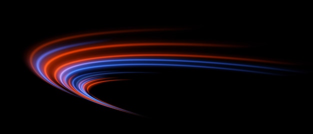 Arco dinámico Varios senderos rojos y azules forman un semicírculo en capas Brillo de neón Corriente energética Movimiento digital suave