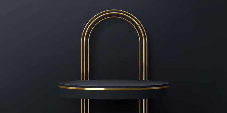 Vector arco dorado con podio negro para la etapa de producto